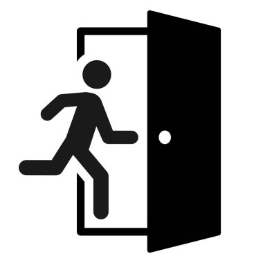 Acil çıkış levhası kuruldu. Yangın çıkışından kaçan bir adam var. Koşan adam ve çıkış kapısı işareti. Tahliyeye yardım edin. Güvenlik vektörü sembolü.