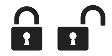 Kilit simgesi ayarlandı. Beyaz arka plana kilitlendi ve kilitlendi. Siyah kilitli ve kilitsiz asma kilit sembolleri.