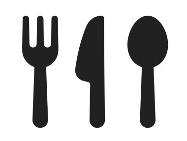 Restoran ikonu seti. Çatal, bıçak, kaşık ve tabak silueti. Uygulamalar ve web siteleri için plakalar, çatallar ve bıçaklar. Akşam yemeği sembolü.