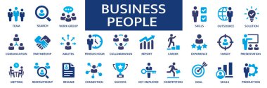 İş adamı simgesi seti. İş adamı, toplantı, çalışma grubu, başarı, özgeçmiş koleksiyonu.