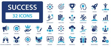 Başarı simgeleri koleksiyonu. Çalışanların iş tabelasında başarılı bir gelişme. Basit düz vektör simgesi.