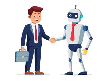 İş adamı ve yapay zeka robotu beyaz arka planda izole edilmiş beyaz vektör görüntüsünde el sıkışıyor..