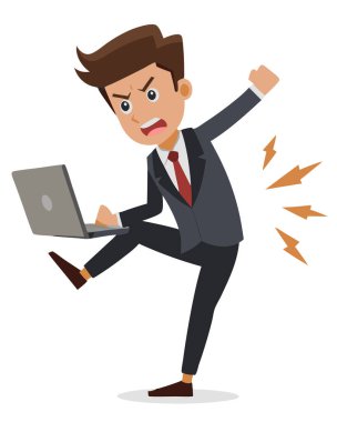 İş adamı dizüstü bilgisayarını diziyle kırıyor ve beyaz arka planda izole bir şekilde öfke vektörü görüntüsü oluşturuyor..