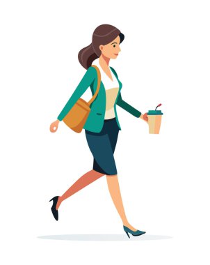 İş kadını kahve fincanı servis vektör görüntüsüyle yürüyor. Beyaz arkaplanda izole.