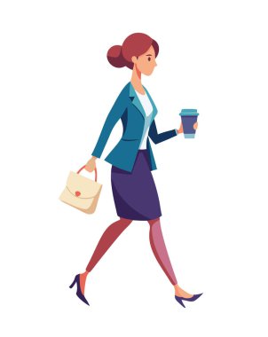 İş kadını kahve fincanı servis vektör görüntüsüyle yürüyor. Beyaz arkaplanda izole.