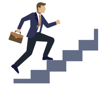 Beyaz arka planda izole edilmiş, merdiven tırmanma vektör görüntüsü çalışan bir işadamı.