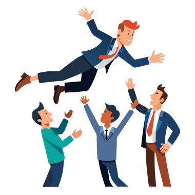 İş adamı beyaz arka planda izole edilmiş iş arkadaşları vektör görüntüsü tarafından havaya atılır..