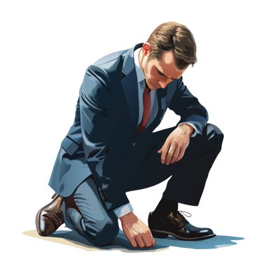 İş adamı, utanç vektörü görüntüsü yüzünden dizlerinin üstüne çöküp beyaz arka planda izole edilmiş..