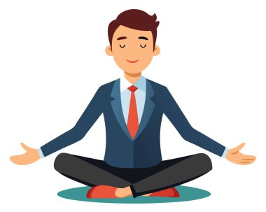 Sakin bir iş adamı, beyaz arka planda izole edilmiş vektör görüntüsü üzerinde meditasyon yapıyor..