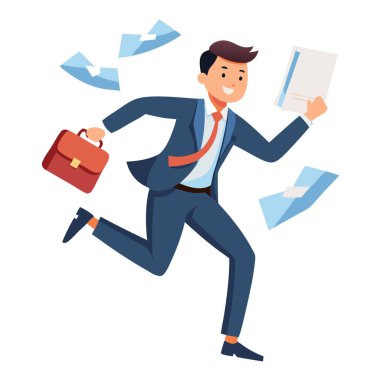 Beyaz arkaplanda izole edilmiş birçok belgelendirme vektör resmi bulunduran bir işadamı çalıştırıyor.