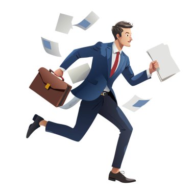 Beyaz arkaplanda izole edilmiş birçok belgelendirme vektör resmi bulunduran bir işadamı çalıştırıyor.