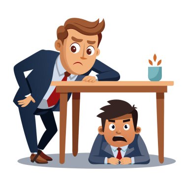 Beyaz arka planda soyutlanmış, masa başı görüntüsü altında kızgın patrondan korkan bir iş adamı..