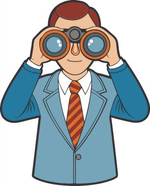 Beyaz arka planda izole edilmiş, dürbün iş konsepti vektör görüntüsüne sahip iş adamı.