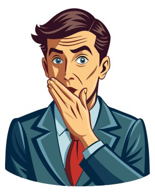 Retro işadamı ağzını beyaz arka planda izole edilmiş gizli vektör görüntüsüyle kapatmış..