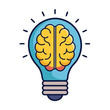 Beyaz arka planda izole edilmiş, içinde beyin olan bir ampul..