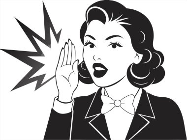 Retro iş kadınları, beyaz arka planda izole edilmiş bir dedikodu vektörü görüntüsünü dinlemeye çalışırlar..