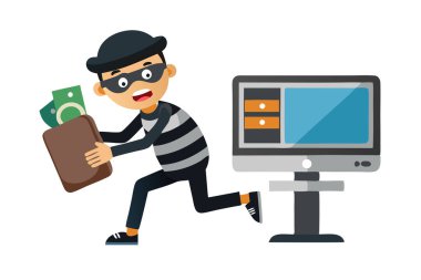 Modern hırsız, beyaz arka planda izole edilmiş bilgisayar vektör resminizden para çalıyor..