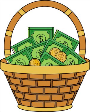 Dolar banknotları ve sikke vektör görüntüsü ile para bağış sepeti, beyaz arka planda izole.