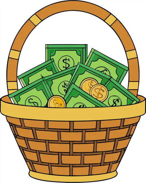 Dolar banknotları ve sikke vektör görüntüsü ile para bağış sepeti, beyaz arka planda izole.