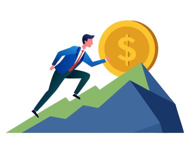 İş adamı, beyaz arka planda izole edilmiş, tepenin ardında büyük para basıyor..