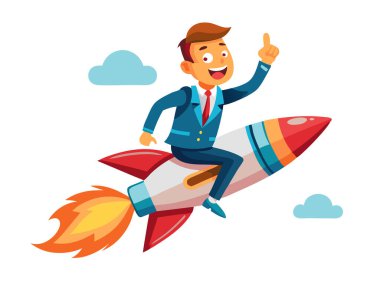 İşadamı beyaz arka planda izole edilmiş bir roket vektör görüntüsüne biniyor.