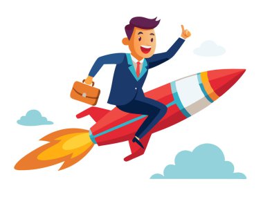 İşadamı beyaz arka planda izole edilmiş bir roket vektör görüntüsüne biniyor.