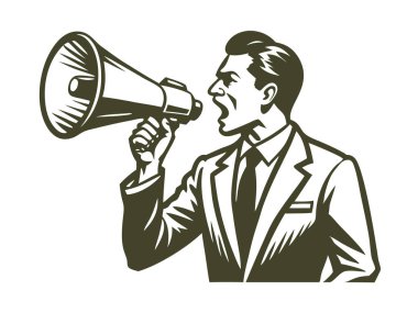 İşadamı megafonla konuşur, beyaz arka planda izole olur..