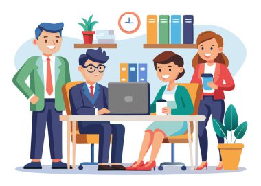 İş karakterleri takım çalışması, ofis çalışanları imaj belirler. Beyaz arkaplanda izole.