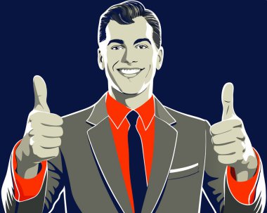 Mutlu iş adamı parmaklarını beyaz arka planda izole edilmiş, geçmişe dönük komik vektör görüntüsü olarak tutar..