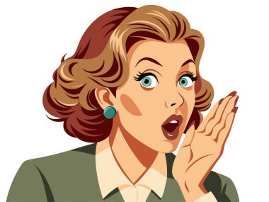 Retro iş kadını beyaz arka planda izole edilmiş bir dedikodu vektörü görüntüsü fısıldıyor..