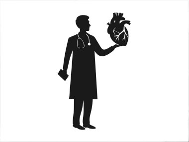 Üç boyutlu anatomik kalp modeli taşıyan laboratuvar önlüklü bir kardiyolog, beyaz arka planda izole edilmiş kardiyovasküler sağlığı açıklıyor..