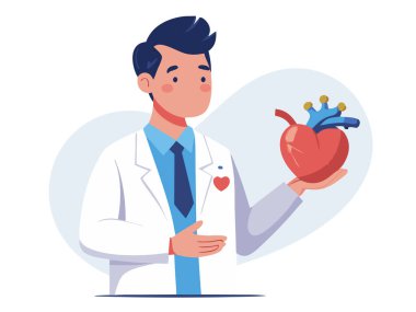 Üç boyutlu anatomik kalp modeli taşıyan laboratuvar önlüklü bir kardiyolog, beyaz arka planda izole edilmiş kardiyovasküler sağlığı açıklıyor..
