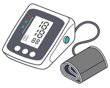 Beyaz arkaplanda izole edilmiş ekranda ölçümleri gösteren dijital bir kan basıncı monitörü.