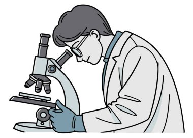 Laboratuar önlüklü bir bilim adamı mikroskoptan bakıp, beyaz arka planda izole edilmiş tıbbi bir örneği analiz ediyor..