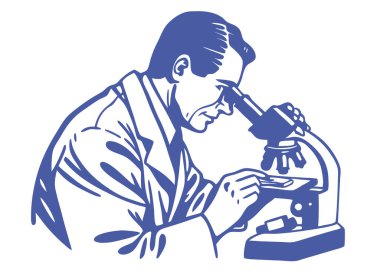 Laboratuar önlüklü bir bilim adamı mikroskoptan bakıp, beyaz arka planda izole edilmiş tıbbi bir örneği analiz ediyor..