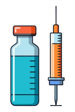 Beyaz zemin üzerinde izole edilmiş, küçük bir aşı şişesinin yanında sıvıyla dolu bir şırınga..