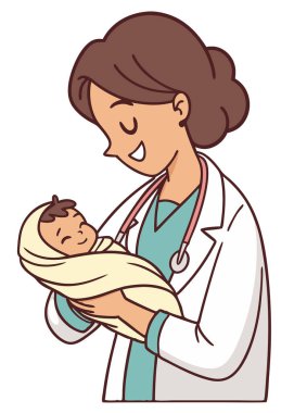 Yeni doğmuş bir bebeği battaniyeye sarılmış, gülümseyen, beyaz arka planda izole edilmiş bir kadın doğum uzmanı..