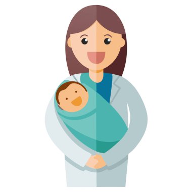 Yeni doğmuş bir bebeği battaniyeye sarılmış, gülümseyen, beyaz arka planda izole edilmiş bir kadın doğum uzmanı..