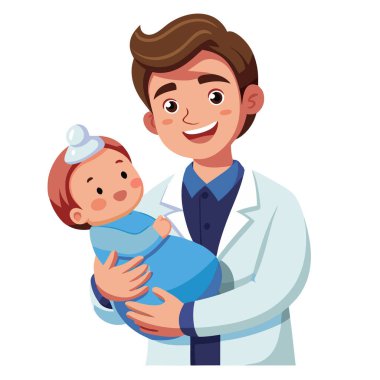 Yeni doğmuş bir bebeği battaniyeye sarılmış, gülümseyen, beyaz arka planda izole edilmiş bir kadın doğum uzmanı..