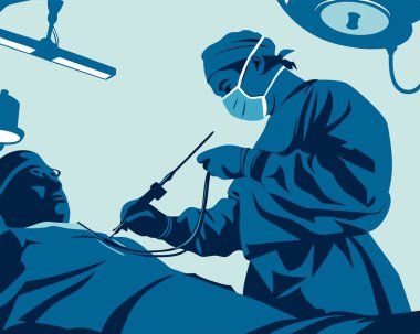 Minimum invaziv ameliyat sırasında laparoskop ve tıbbi aletler kullanan bir cerrah, beyaz arka planda izole edilmiş..