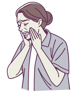 Diş hekimliğinden sonra akut diş ağrısı çeken hasta ve elleri kullanarak beyaz arka planda izole edilmiş ağız vektör görüntüsünü tutuyor..