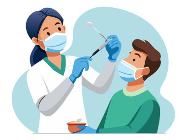 Maske ve eldiven takan bir dişçi diş aynası ve pulluk kullanarak hastanın dişlerini kontrol ediyor..