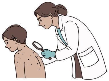 Bir dermatolog, beyaz arka planda izole edilmiş bir hastanın derisindeki beni incelemek için büyüteç kullanıyor..