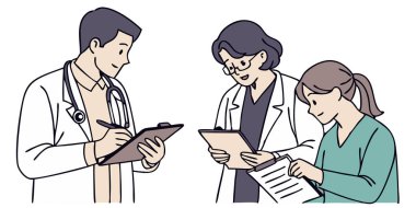 Bir erkek ve kadın doktorun, beyaz arka planda izole edilmiş stetoskopları ve tıbbi tabloları olan bir hastaya klinik bir ortamda danışmasının vektör görüntüsü.