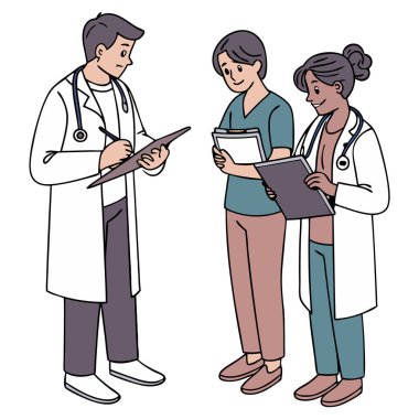 Bir erkek ve kadın doktorun, beyaz arka planda izole edilmiş stetoskopları ve tıbbi tabloları olan bir hastaya klinik bir ortamda danışmasının vektör görüntüsü.