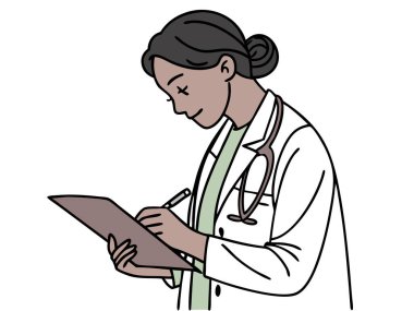 Beyaz önlüklü profesyonel bir kadın doktor elinde bir not defteri ve kalemle beyaz arka planda izole edilmiş tıbbi notlara bakıyor..