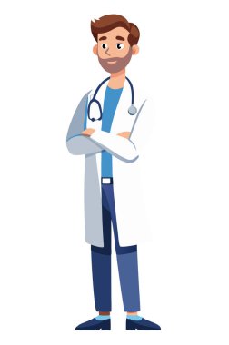 Boynuna beyaz önlük ve steteskop takmış, kolları çapraz, beyaz arka planda izole bir şekilde duran erkek bir doktor..