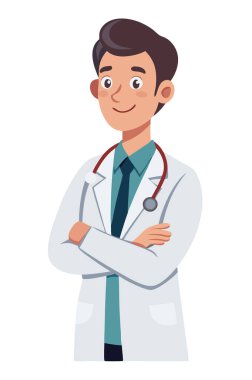 Boynuna beyaz önlük ve steteskop takmış, kolları çapraz, beyaz arka planda izole bir şekilde duran erkek bir doktor..