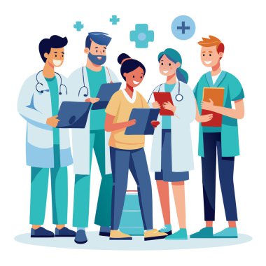 Hastanedeki bir grup doktor ve hemşire hasta dosyalarını inceliyor ve tedavi seçeneklerini tartışıyor..