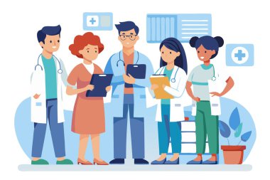 Hastanedeki bir grup doktor ve hemşire hasta dosyalarını inceliyor ve tedavi seçeneklerini tartışıyor..